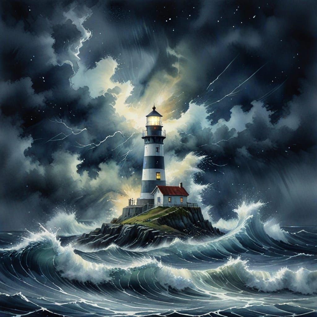 Ocean Storm Lighthouse at Night in Watercolor Art