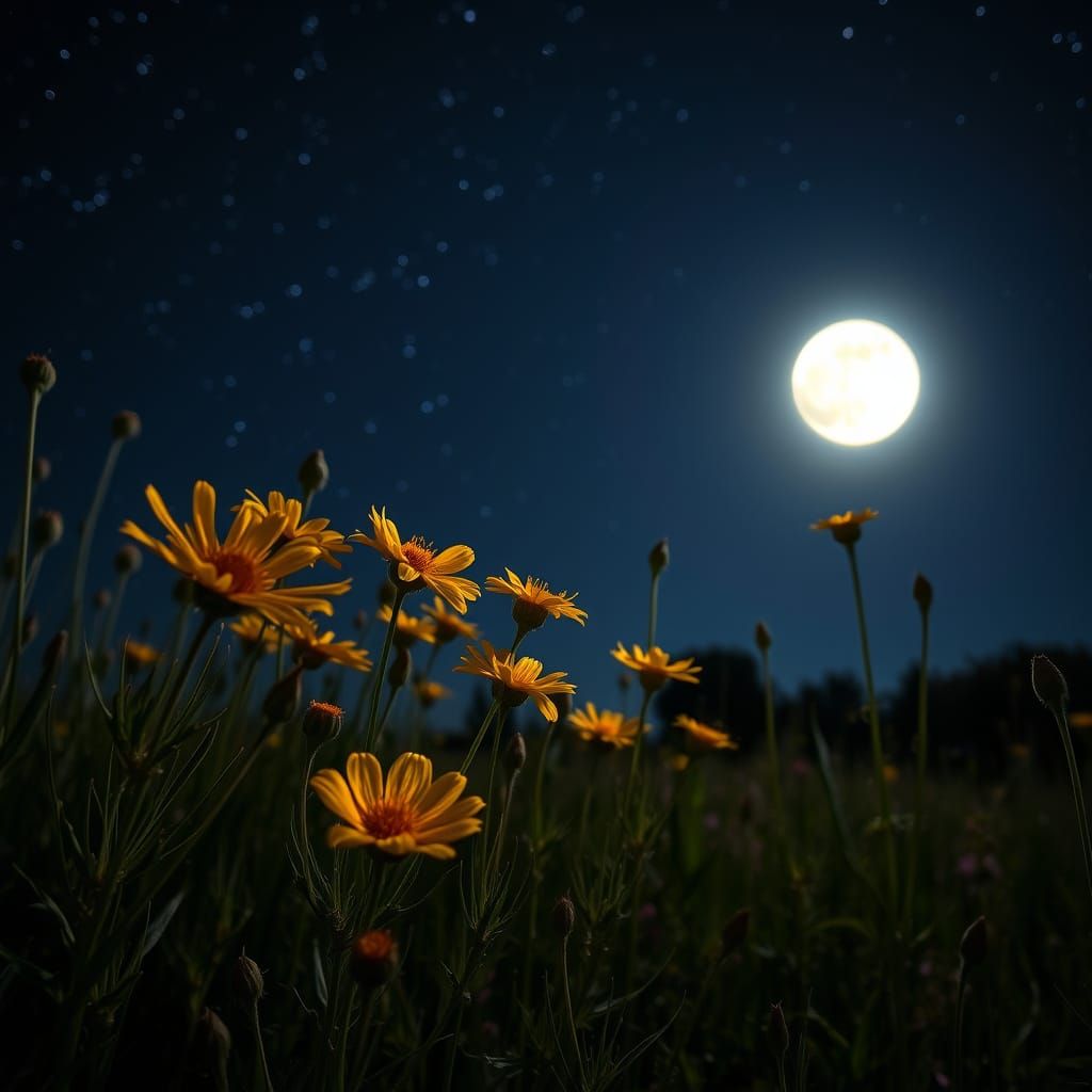 Hyperrealistic Wildflowers Under a Full Moon