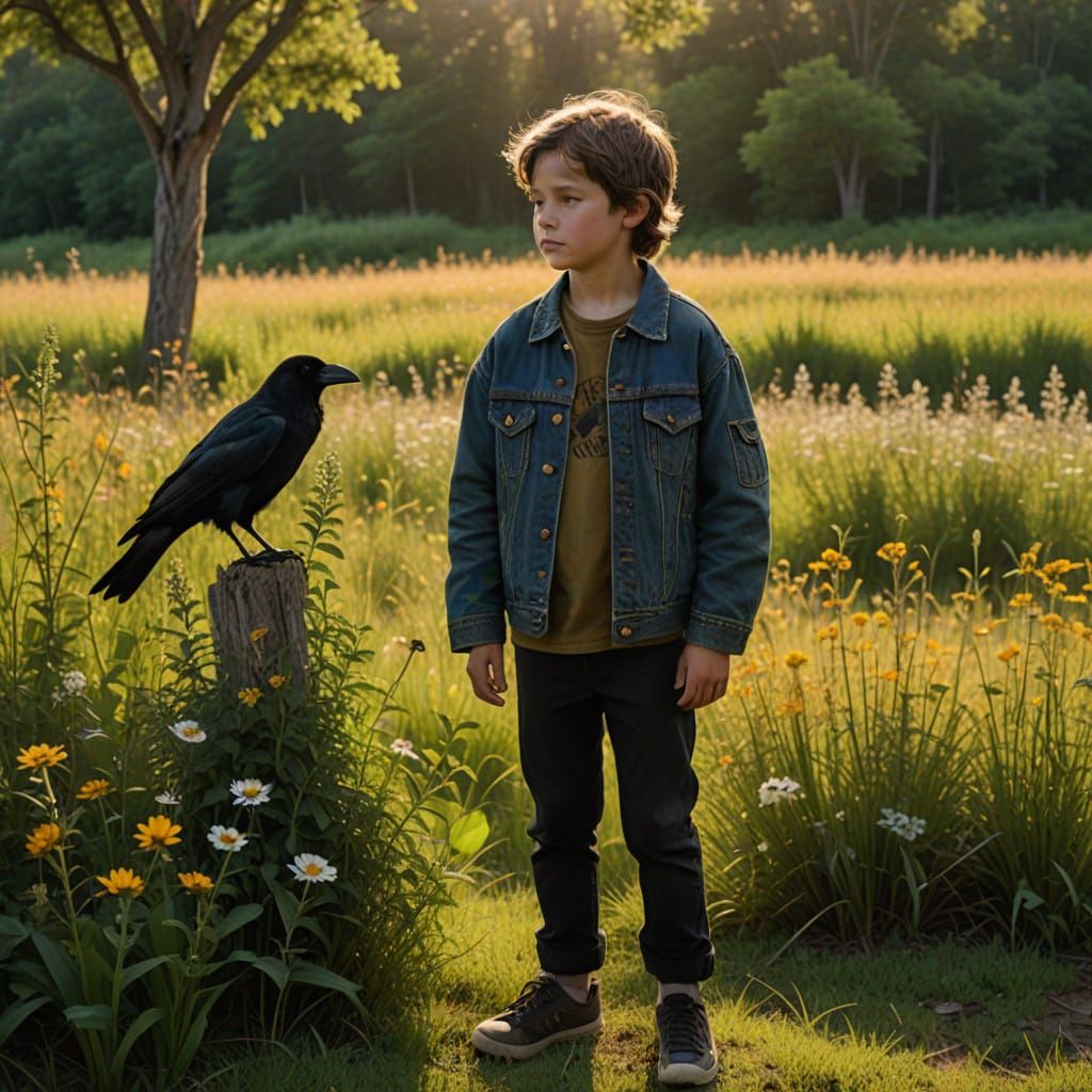 Boy Connects with Majestic Crow in Lush Meadow