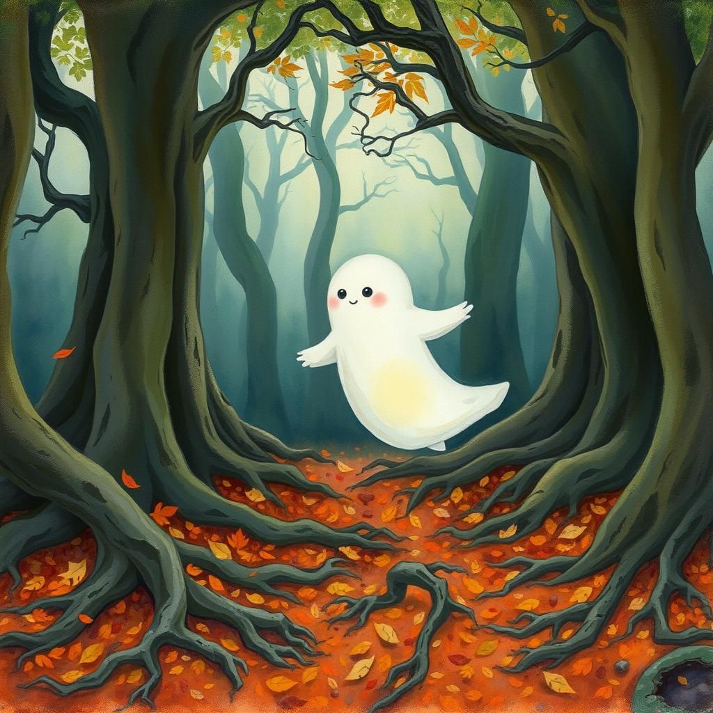 Cute Ghost Frolicking in Forest, Gouache Painting
