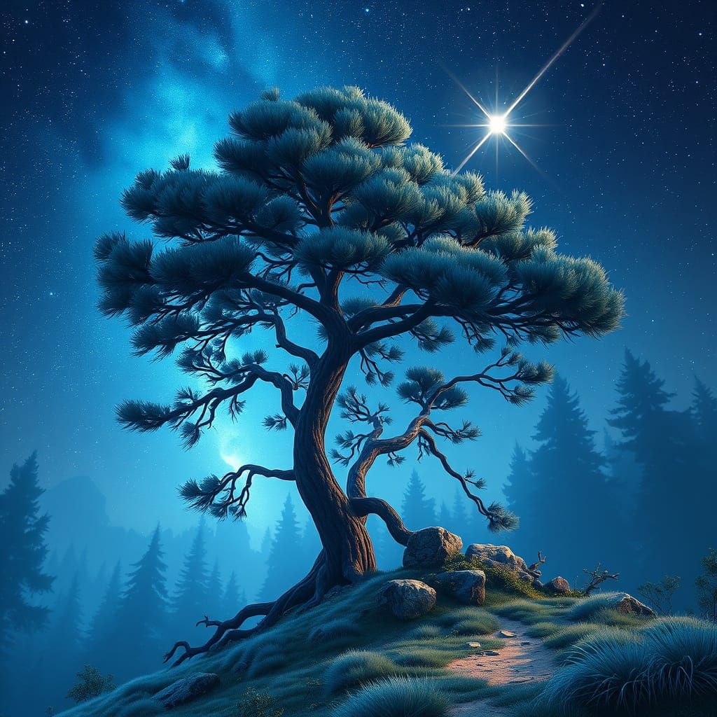Ethereal Blue Pine Tree Illuminated by a Shooting Star