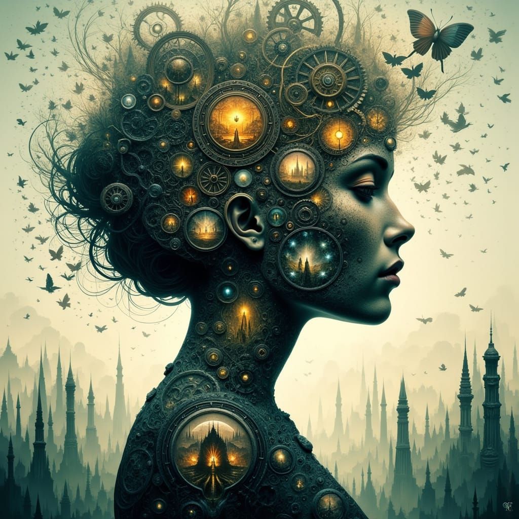 Woman in Clockwork Dreamscape: Ethereal Digital Art