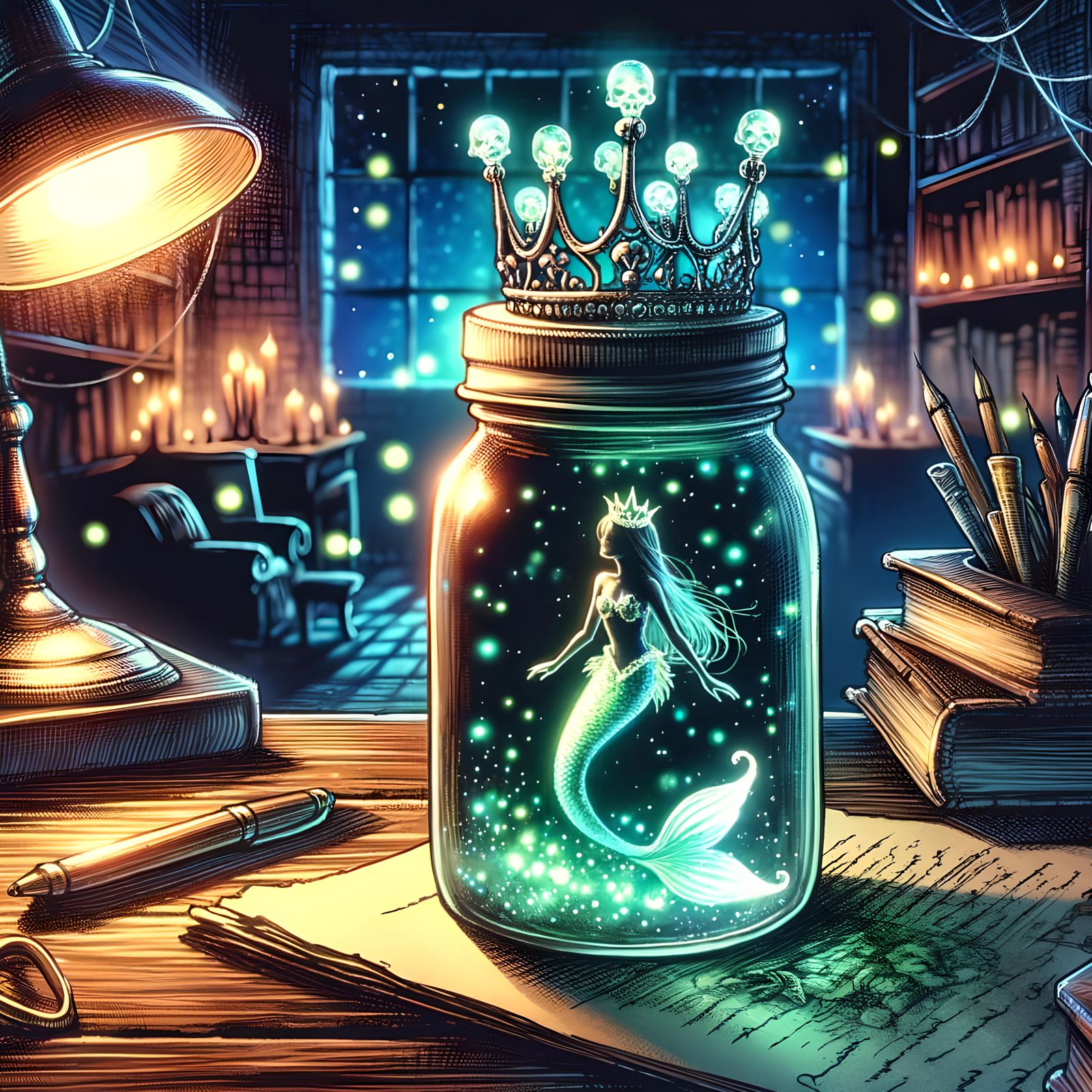 Bioluminescent Mermaid in a Jar: Watercolor Scene