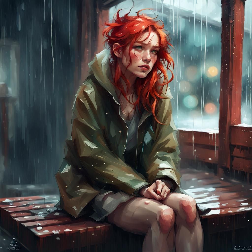 Redhead in Rain: Digital Portrait Illustration