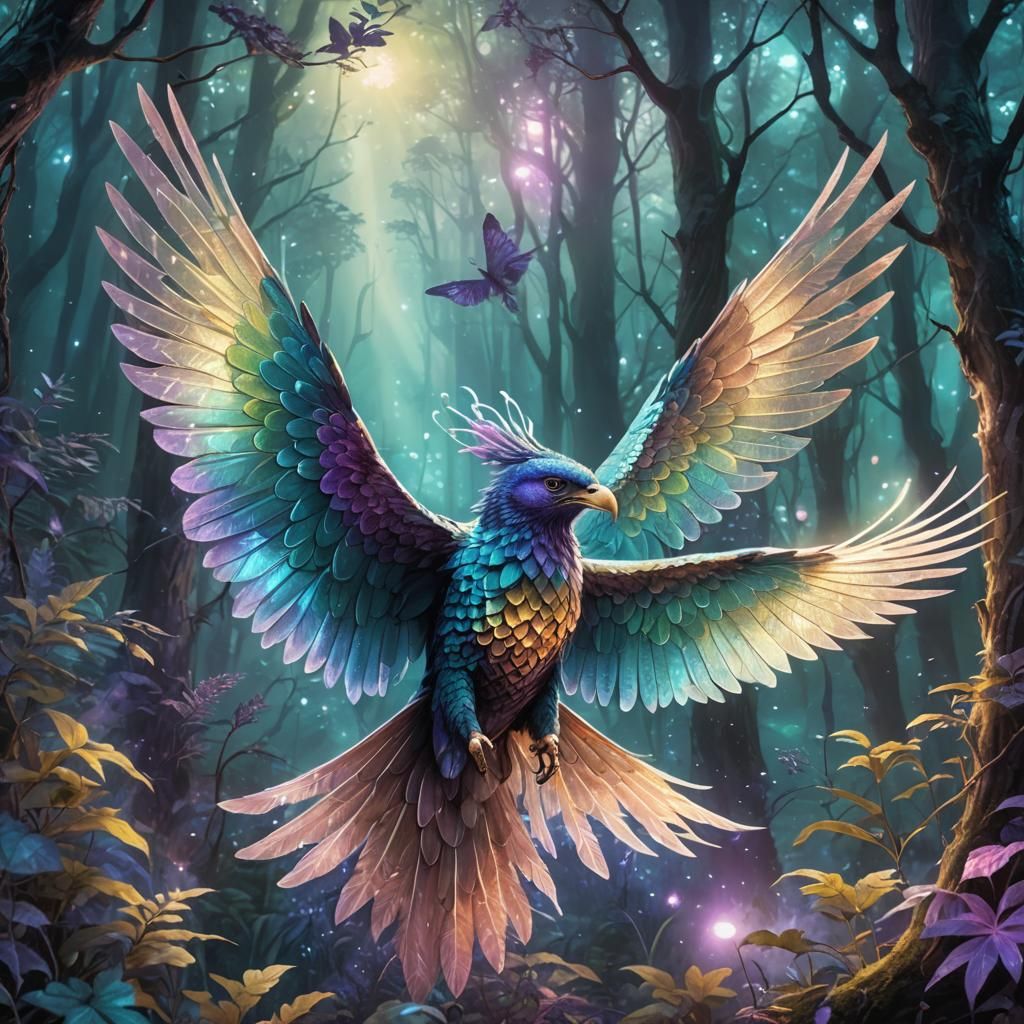 Mystical Forest: Iridescent Animal in Flight