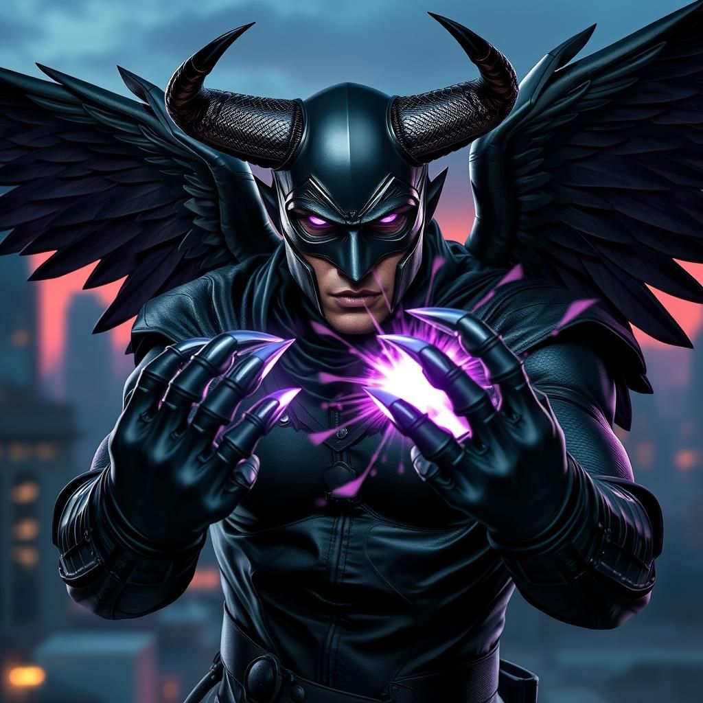 Dark Superhero with Bull Horns and Feathered Wings