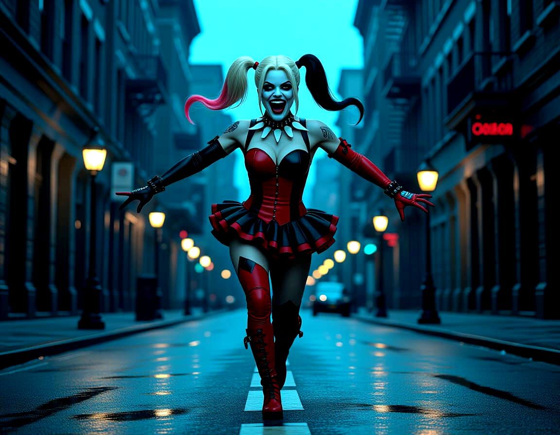 Muscular Harley Quinn Runs Through Dark City Streets