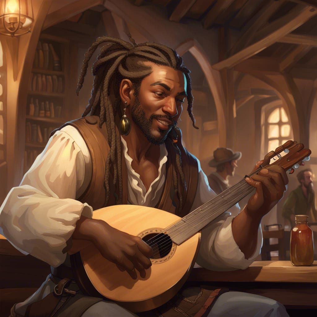 Detailed Bard Portrait in Tavern, Digital Art Style