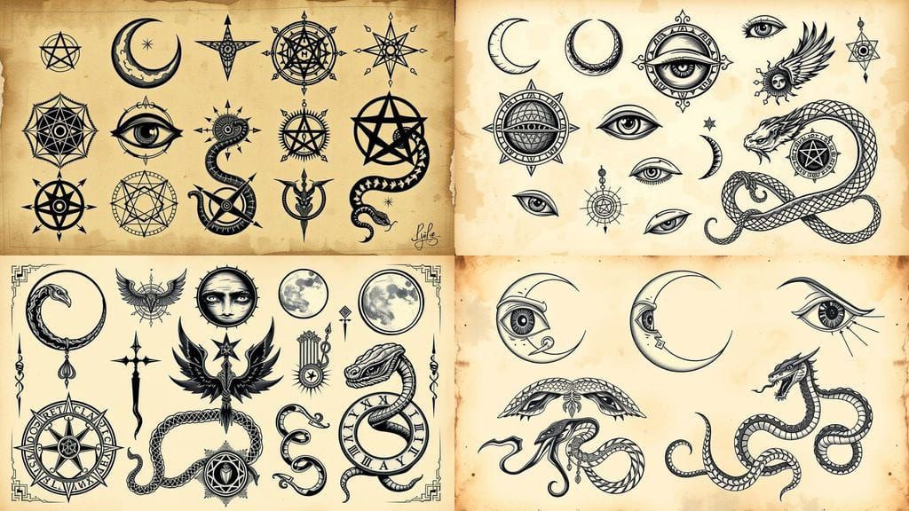 Mystical Tattoo Flash Sheet with Occult Symbols