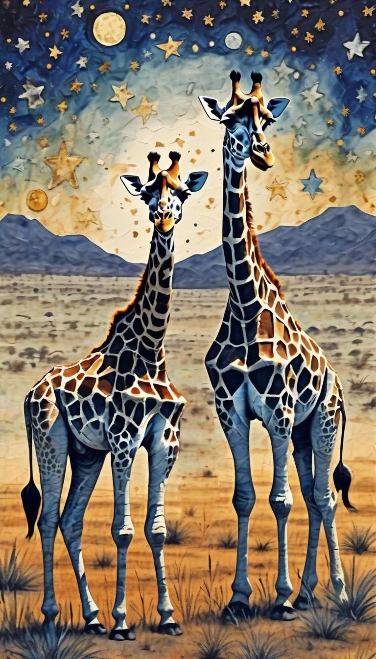 Giraffes in Africa: Medieval Mixed Media Collage