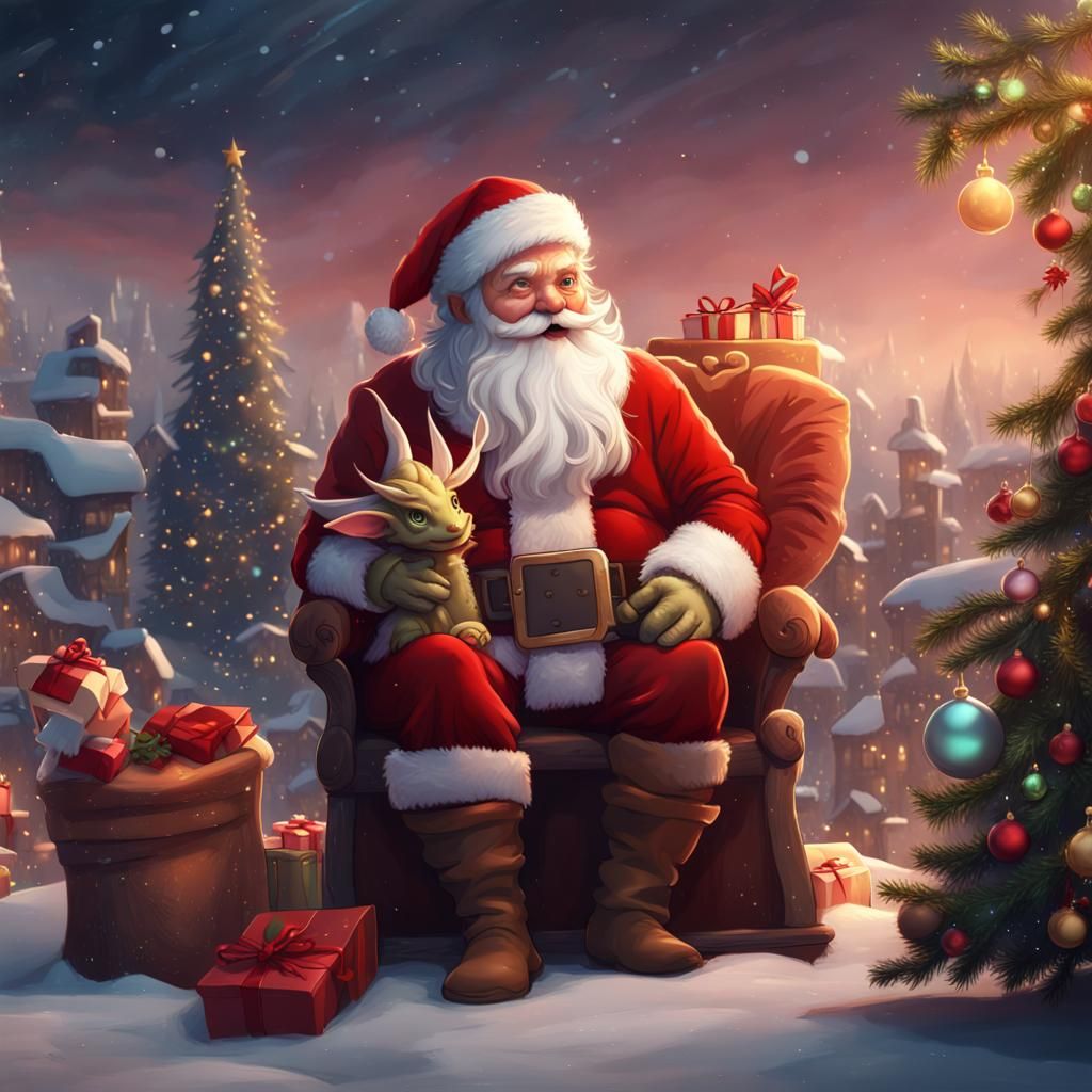 Santa and Baby Dragon Christmas Cartoon in Detailed Matte Pa...