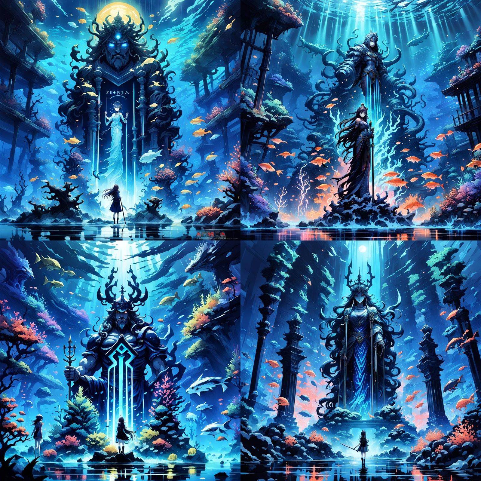 Women Staring at Underwater Poseidon Statue in Anime Style