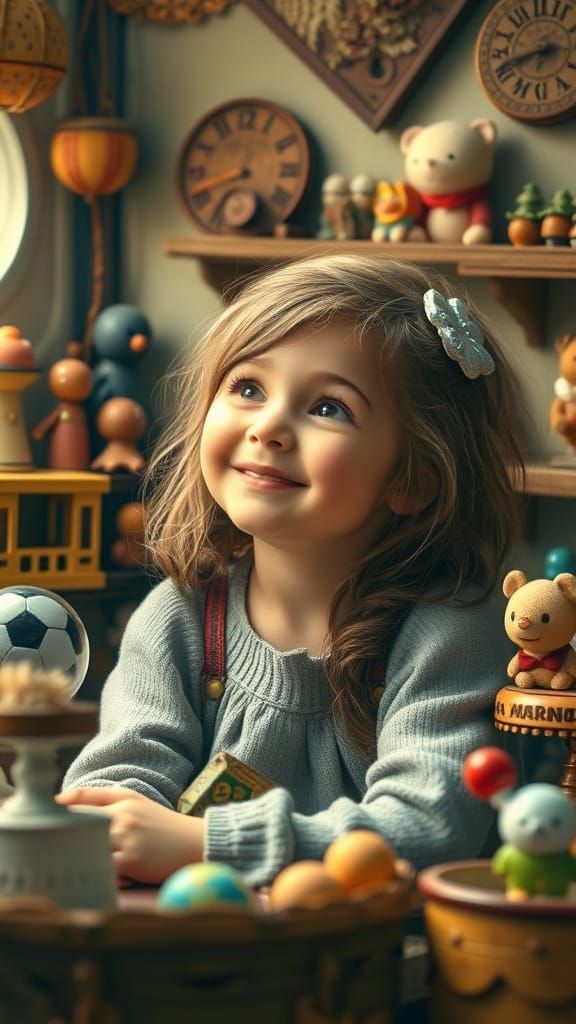 Whimsical Girl Lost in Thought Amidst Nostalgic Toys