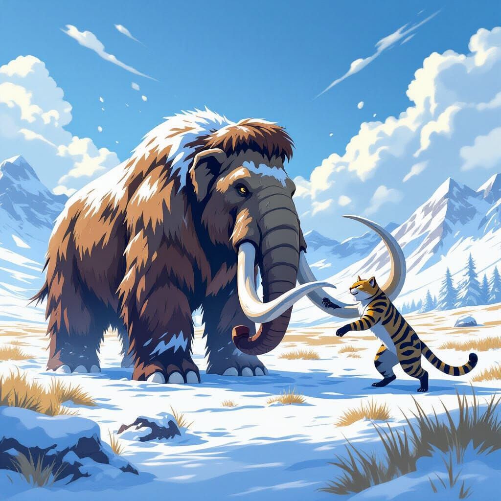 Woolly Mammoth vs Saber-Toothed Cat in Manga Style