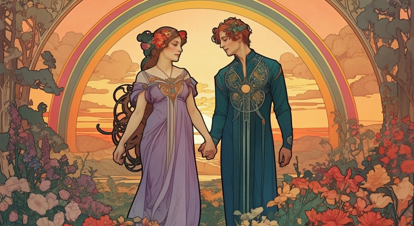 Art Nouveau Illustration of LGBT+ Couple in Meadow