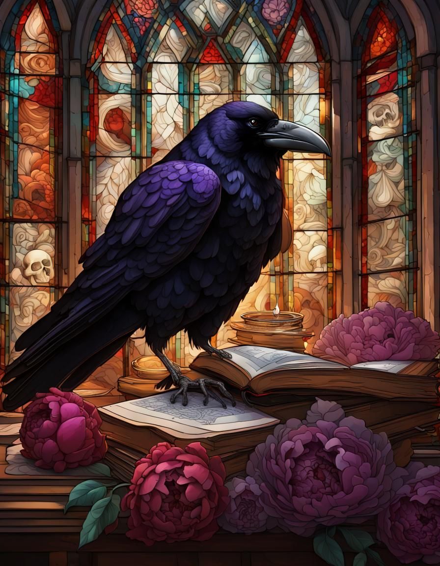 Dark Academia Raven in Stained Glass Window