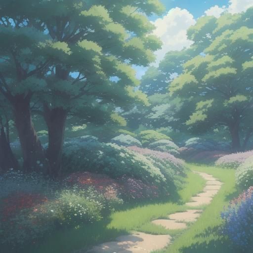 Anime Landscape: Serene Green Field with Wildflowers