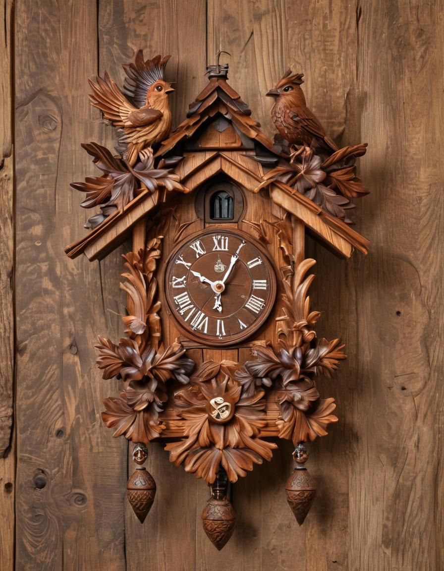Intricate Wooden Cuckoo Clock with Bird Ornamentation