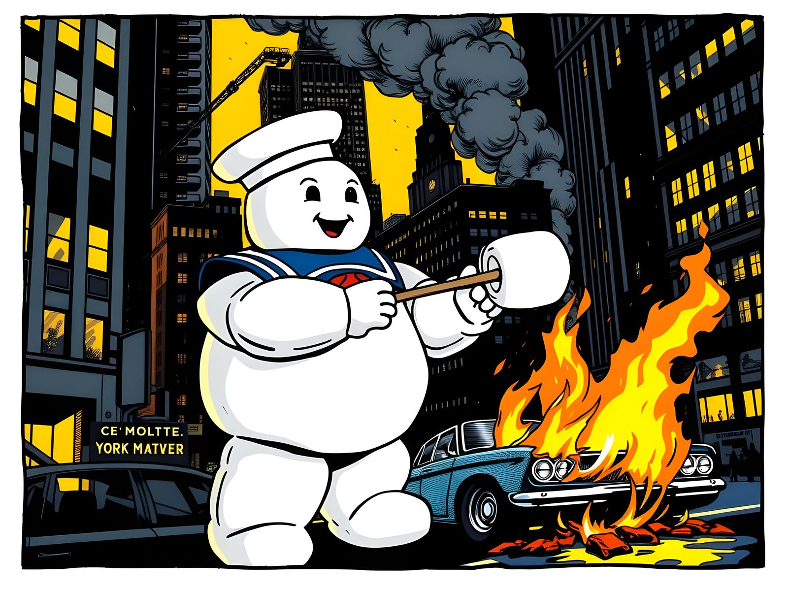 Pop Art Marshmallow Man Cooks Marshmallow Over Car Fire