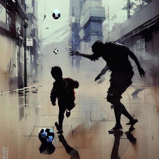 A father and son playing soccer on a Tokyo city street