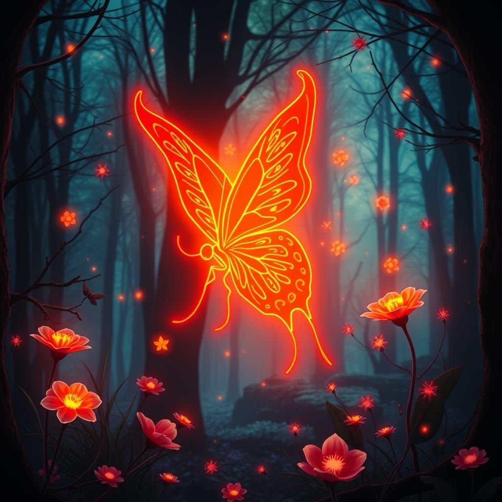 Mystical Fairy with Orange Tribal Butterfly in Neon Forest