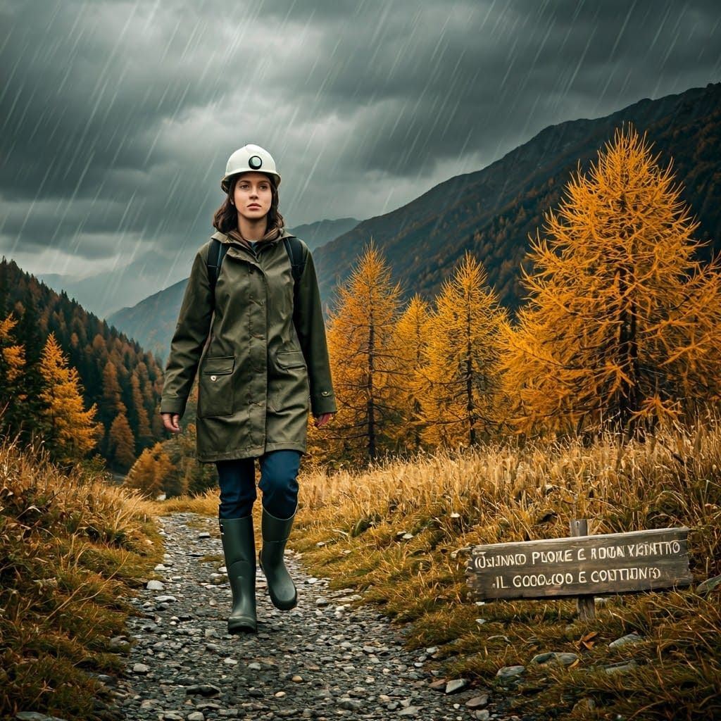 Italian Geologist in Rainy Autumn Landscape, Cinematic Style