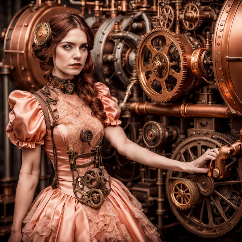 Steampunk Woman in Peach Dress Concept Art