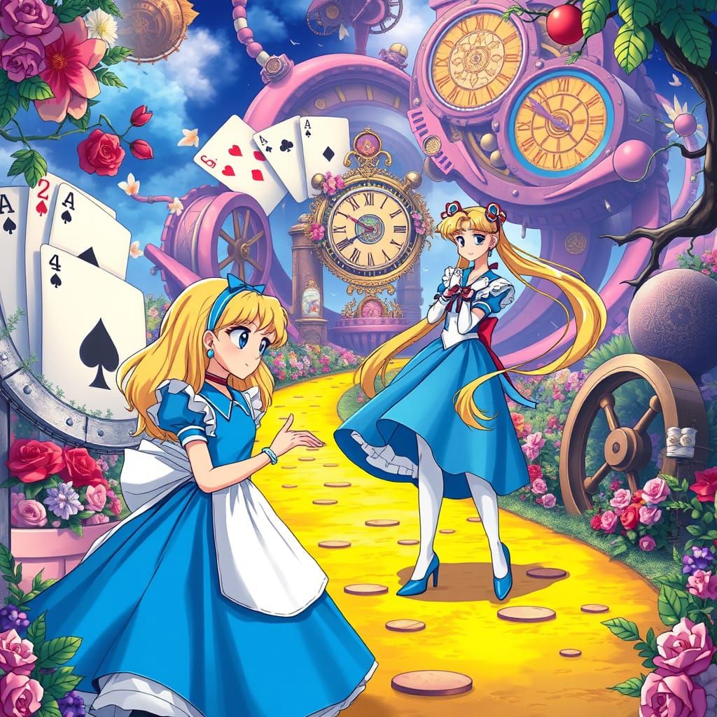 Wonderland Meets Sailor Moon in Whimsical Anime Art