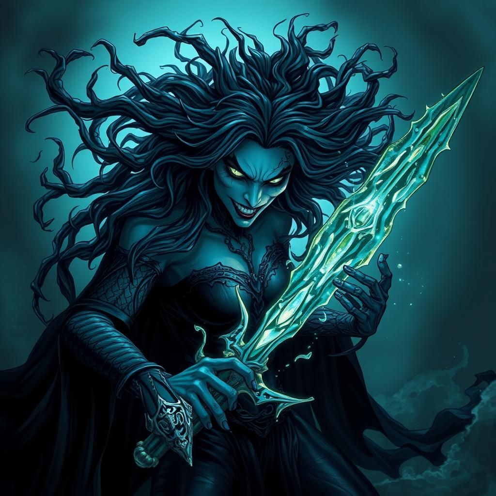 Gothic Sea Witch Killing Aquaman in Dark Fantasy Style