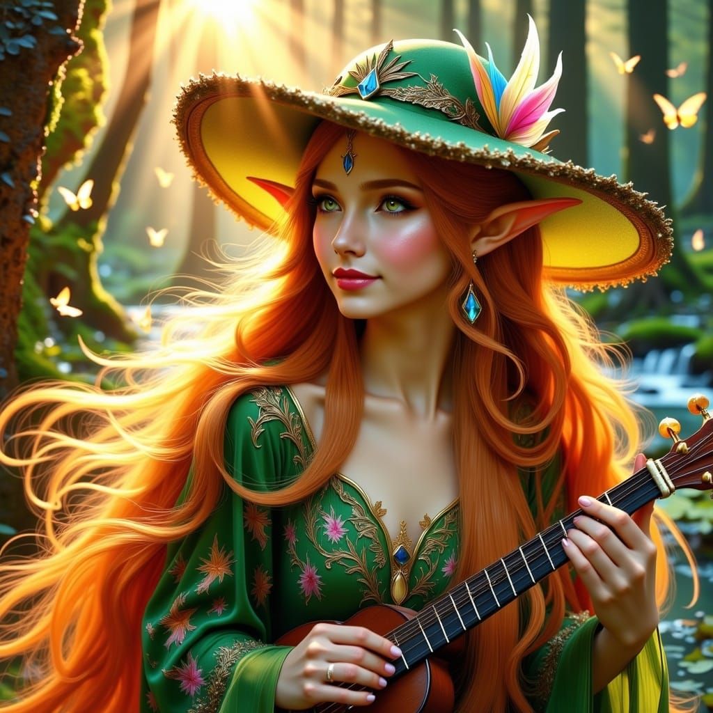 Elegant Elf Bard in Whimsical Fantasy Attire