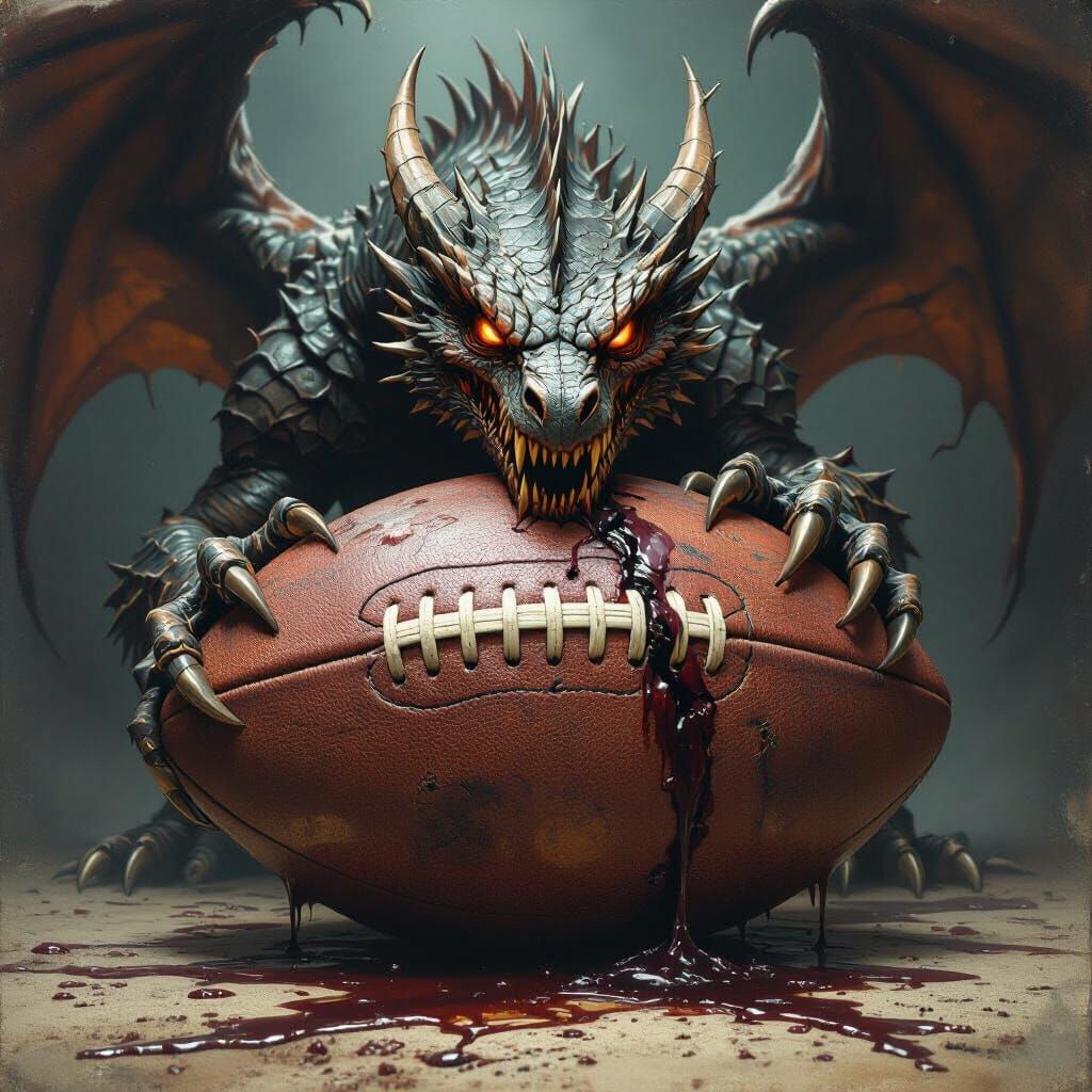 Demonic Dragon Grips Fiery Football in Gothic Style