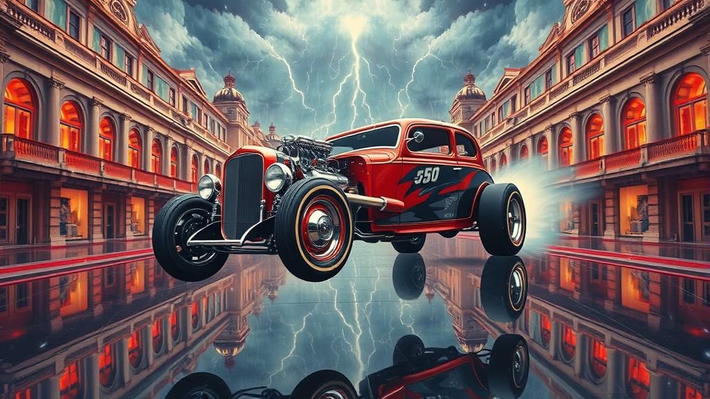 Hot Rod in Symmetrical Dreamscape, Watercolour and Oil Style