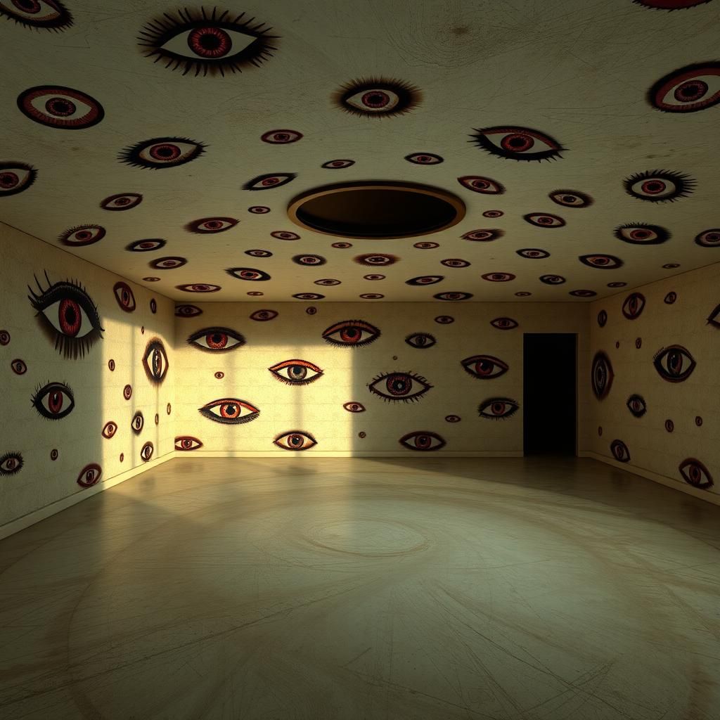 Surreal Liminal Room Dominated by Eyes