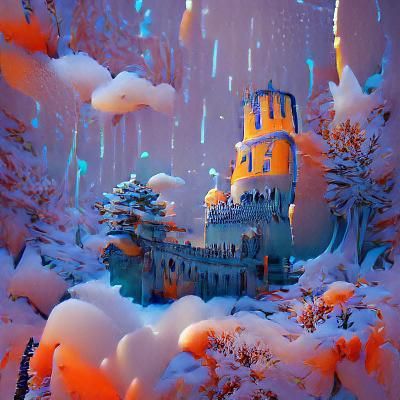 Snowy Castle in Forest: Detailed Matte Painting