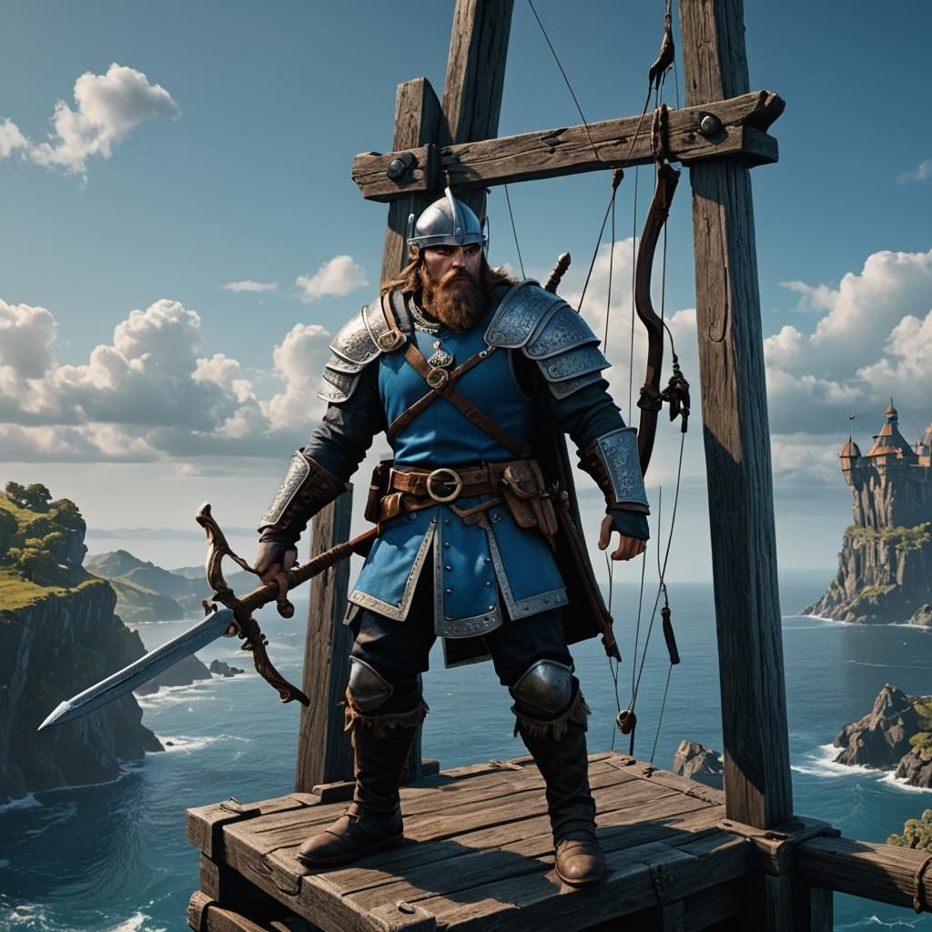 Viking Warrior on Tower Overlooking Sea, Detailed Matte Pain...