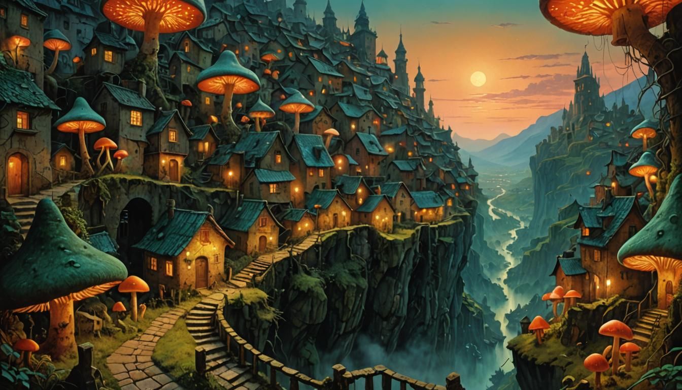 Dreamlike Surreal Valley Town in Perpetual Sunset
