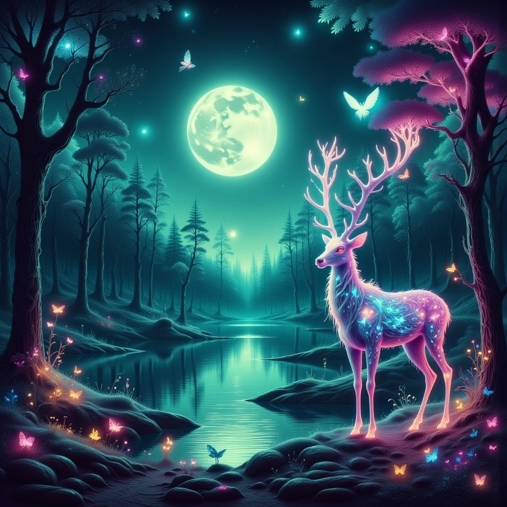 Magical Deer with Glowing Antlers in Mystical Forest