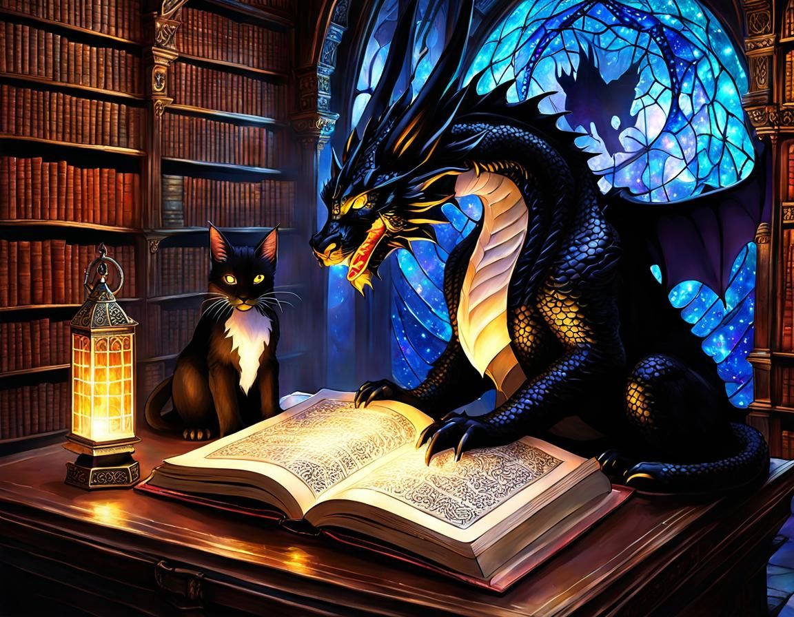 Dragon and Cat Guarding Crystal Cave Library