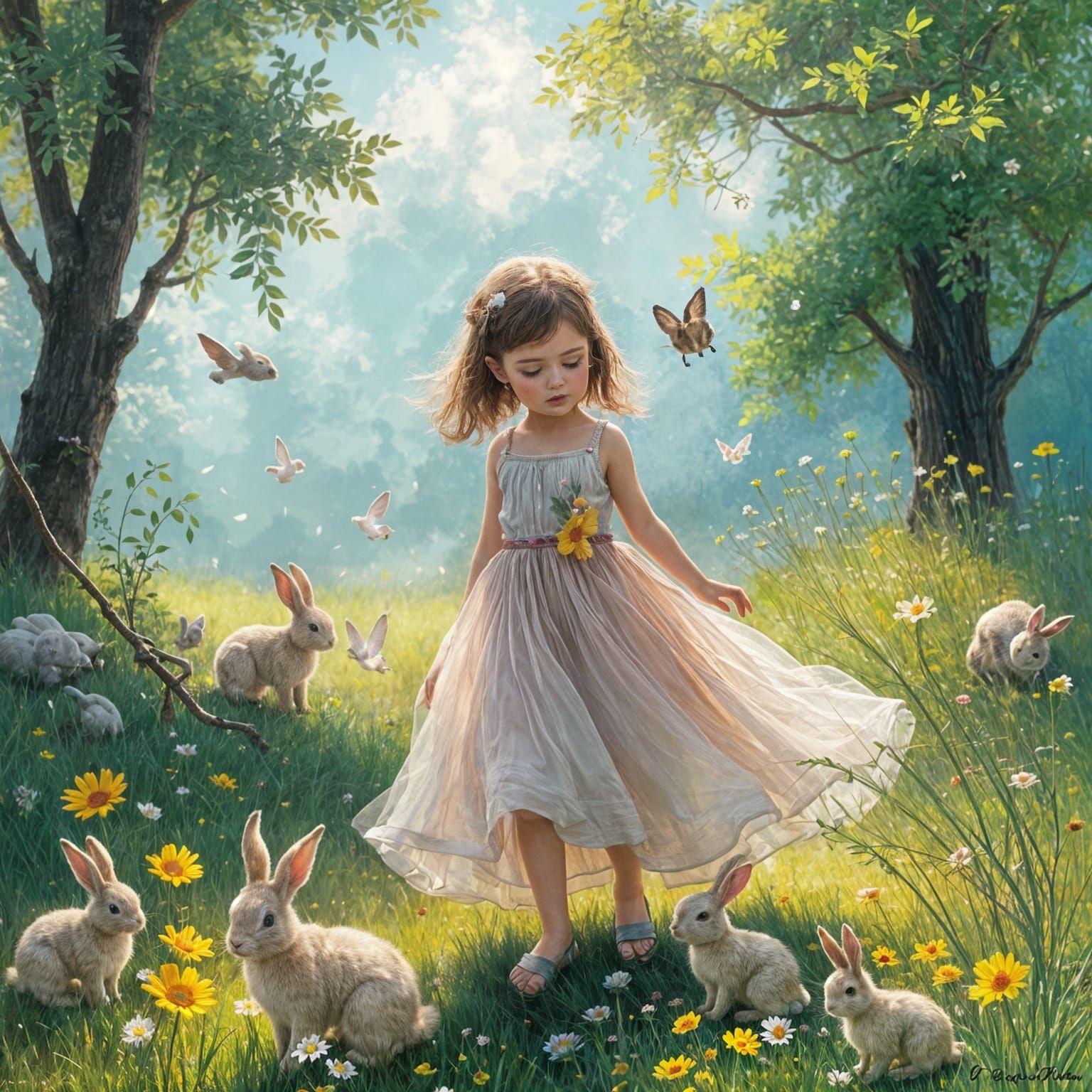 Girl with Bunnies: Impressionistic Magical Scene