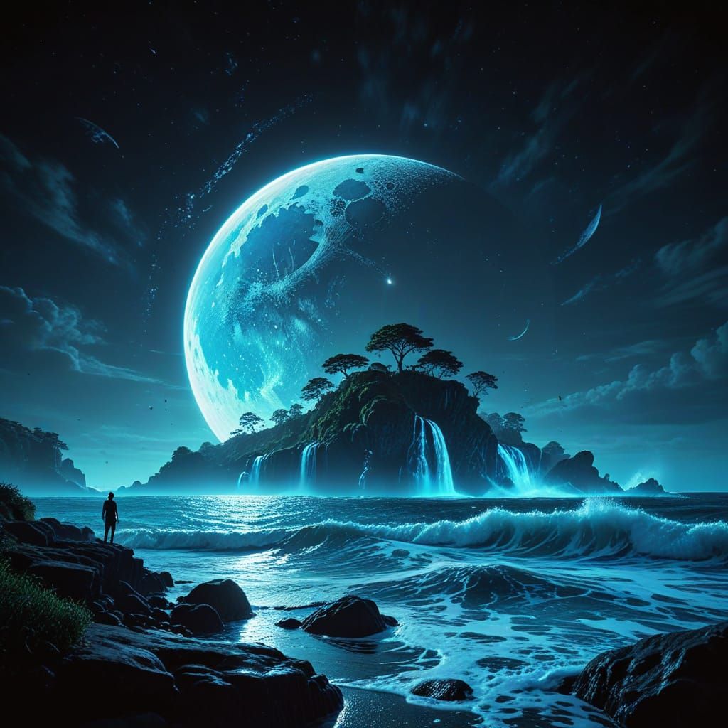 A surreal moonlit ocean landscape where a colossal crescent ...