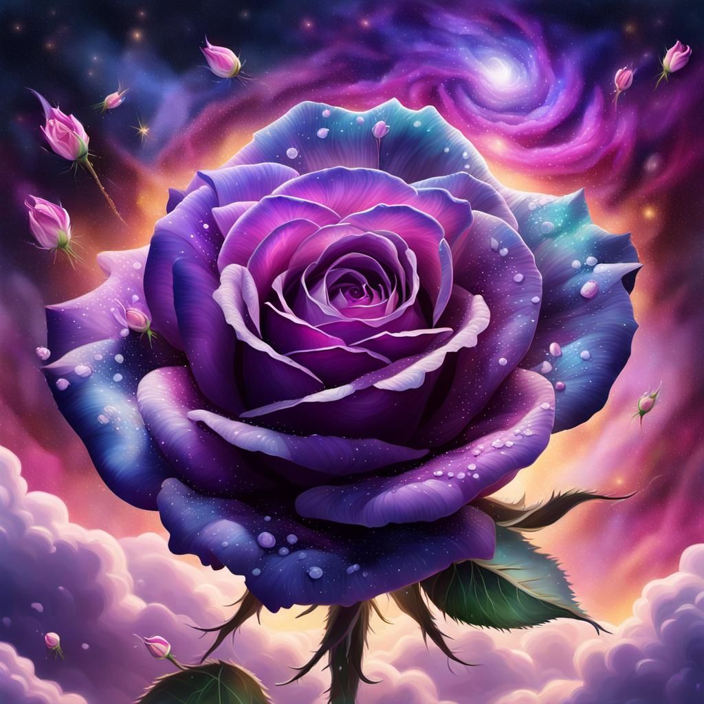 Hyperrealistic Purple Rose with Cosmic Dust in Digital Art
