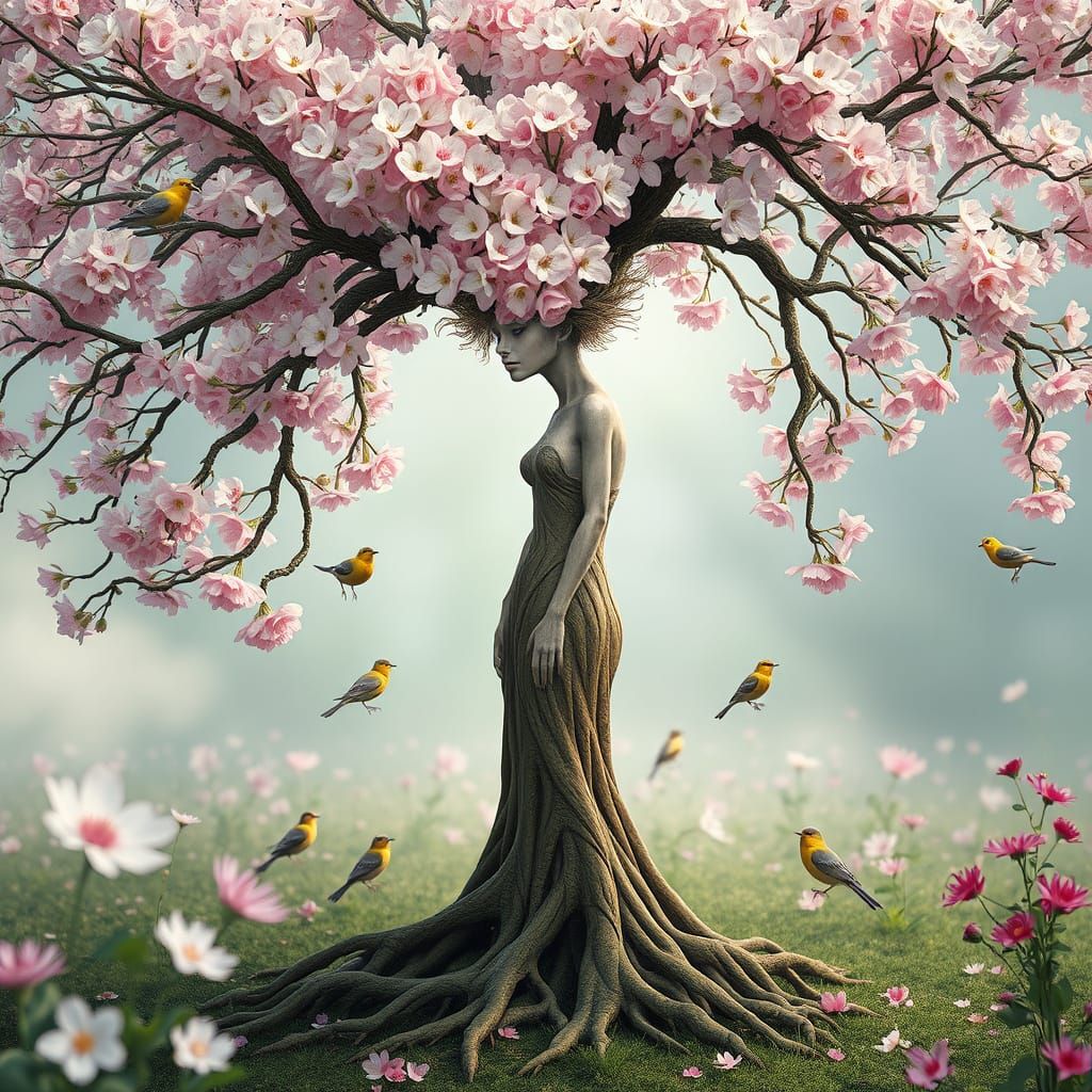 Woman-Tree Hybrid in Spring Garden, Surreal Digital Art