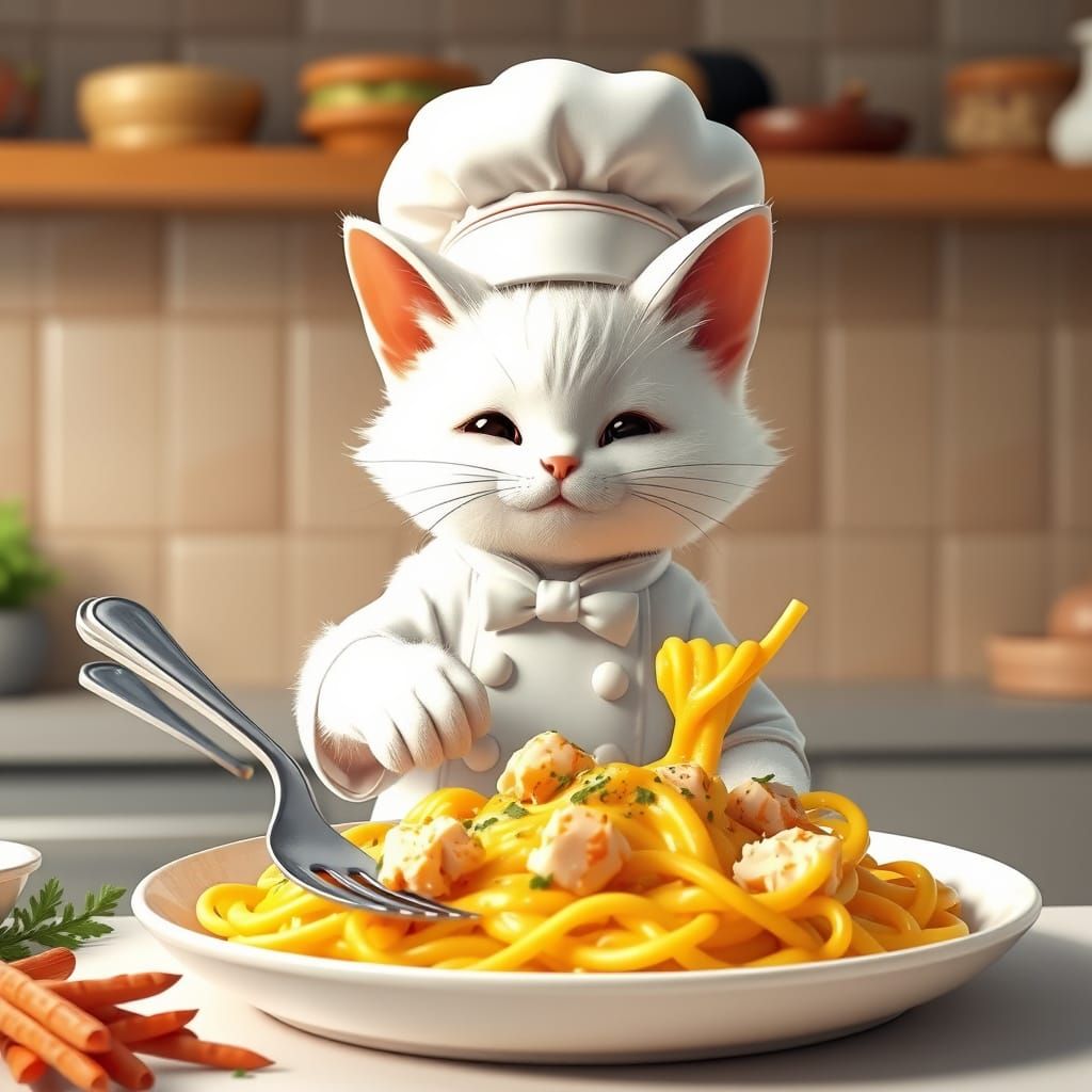 Cute Cat Chef Prepares Chicken Alfredo in 3D Anime Style