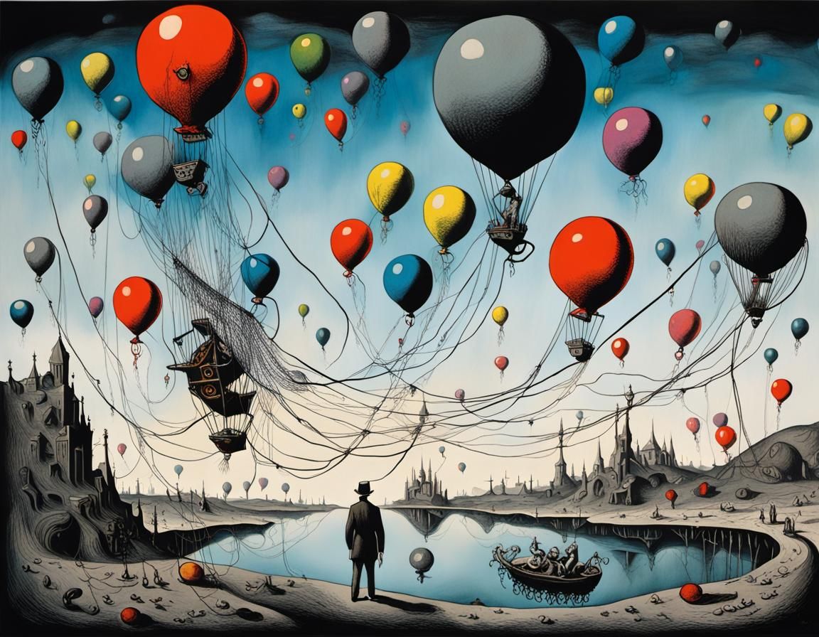 Surrealist Etching of Figure with Balloons and Chains