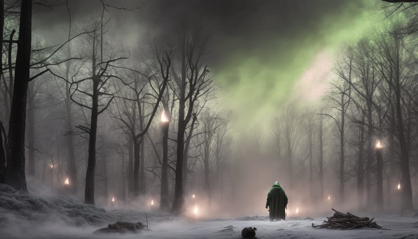 Alien in Dark Forest with Glowing Green Streaks