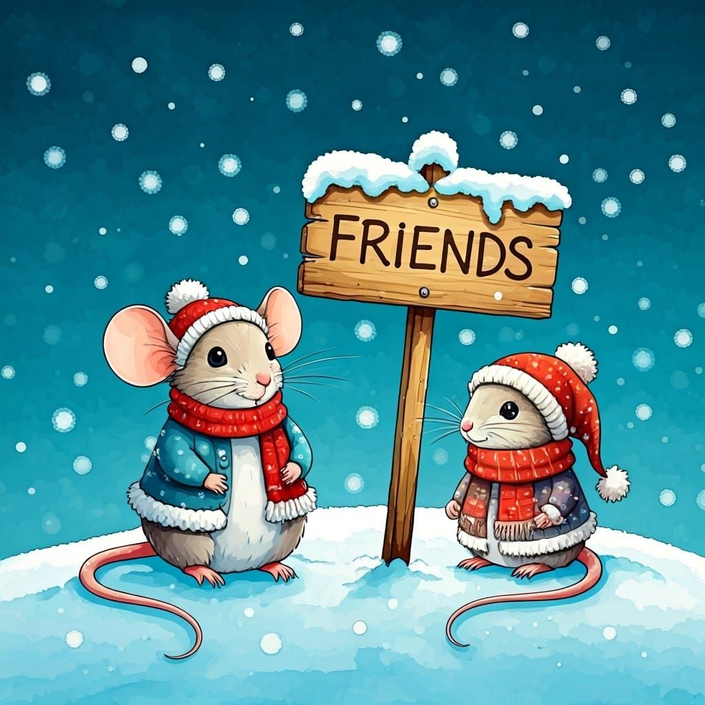 Mice Friends in Alcohol Ink Snow Scene