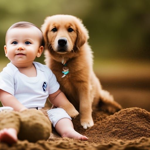 Cute Baby and Puppy Playing in Sandbox