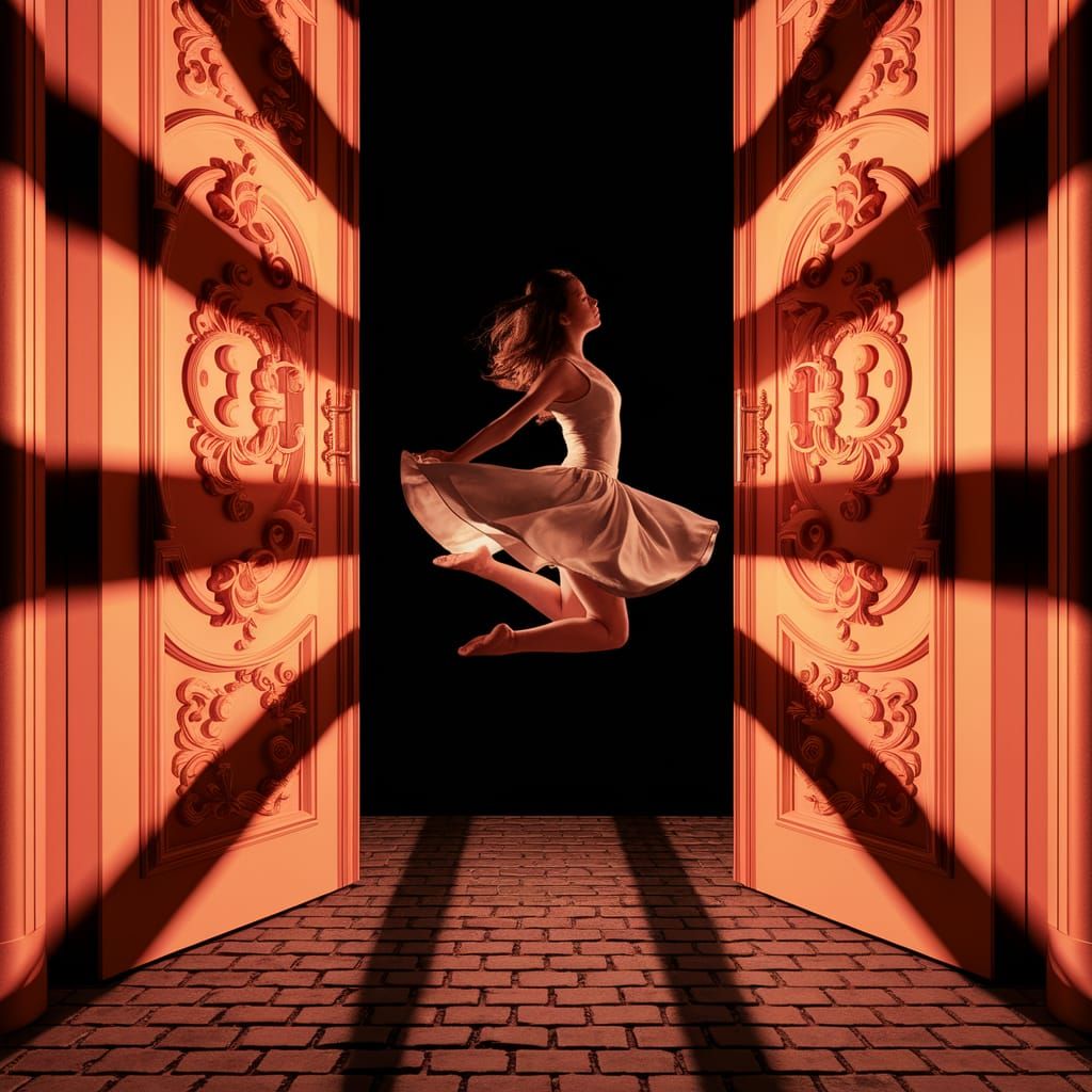 Woman Leaping Before Baroque Doorway with Golden Carvings