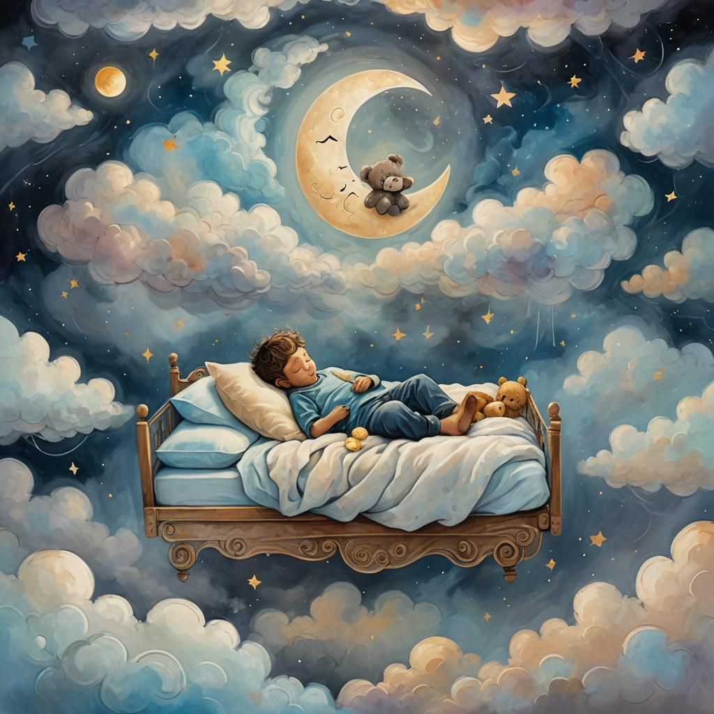 Boy Dreaming on Floating Bed in Clouds