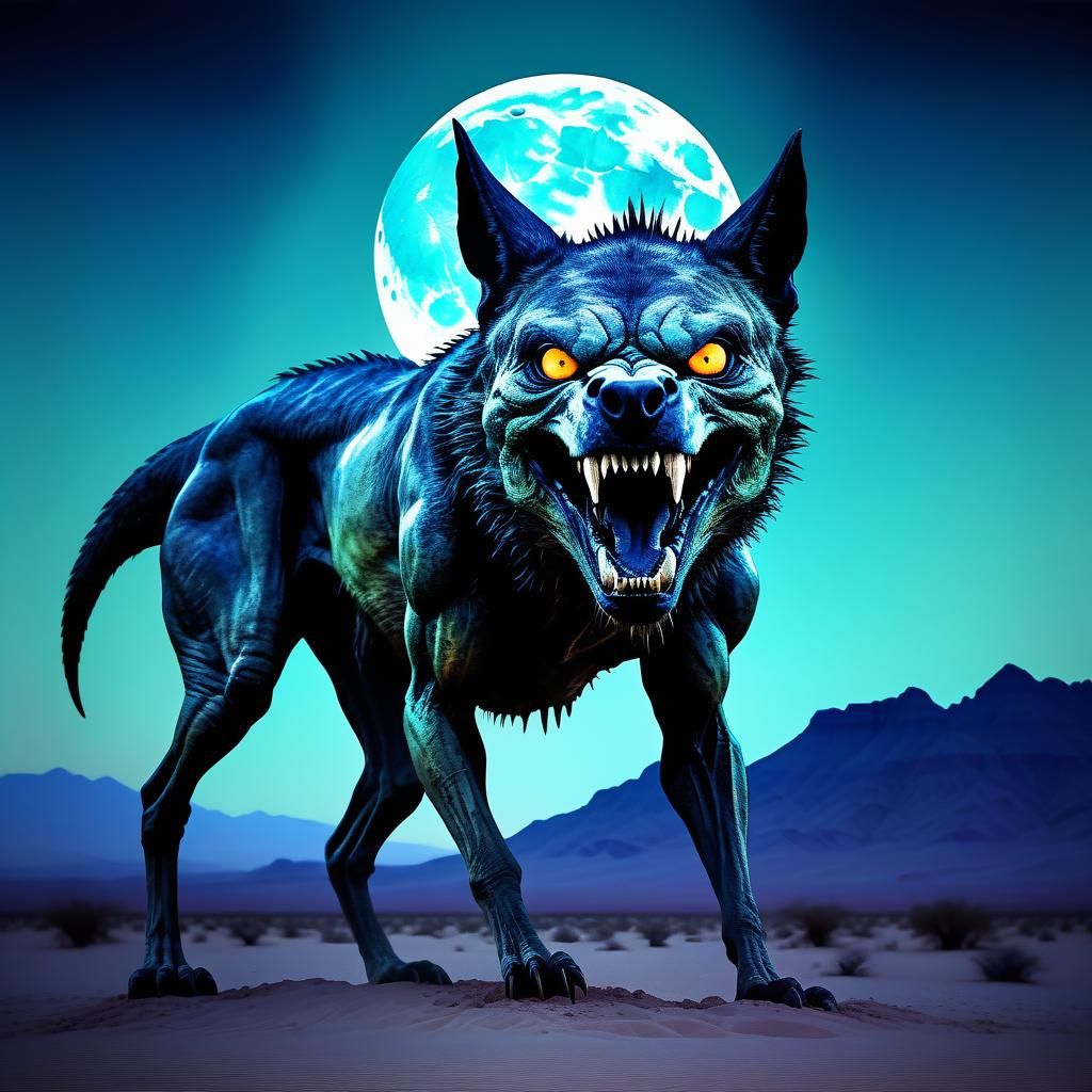 Eerie Chupacabra Howling in Moonlit Desert Watercolor